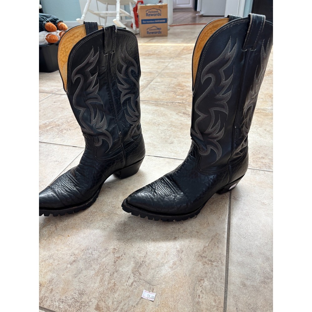 Vintage Nocona Cowboy Boots Mens 11 D Black Leather Flame Stitch USA Made 7408